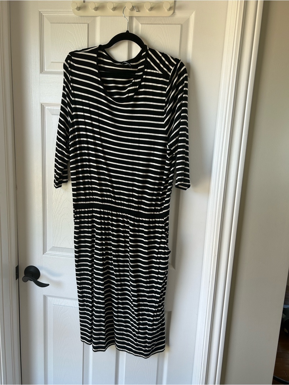 Black & White Striped Midi Dress with Elastic Waist